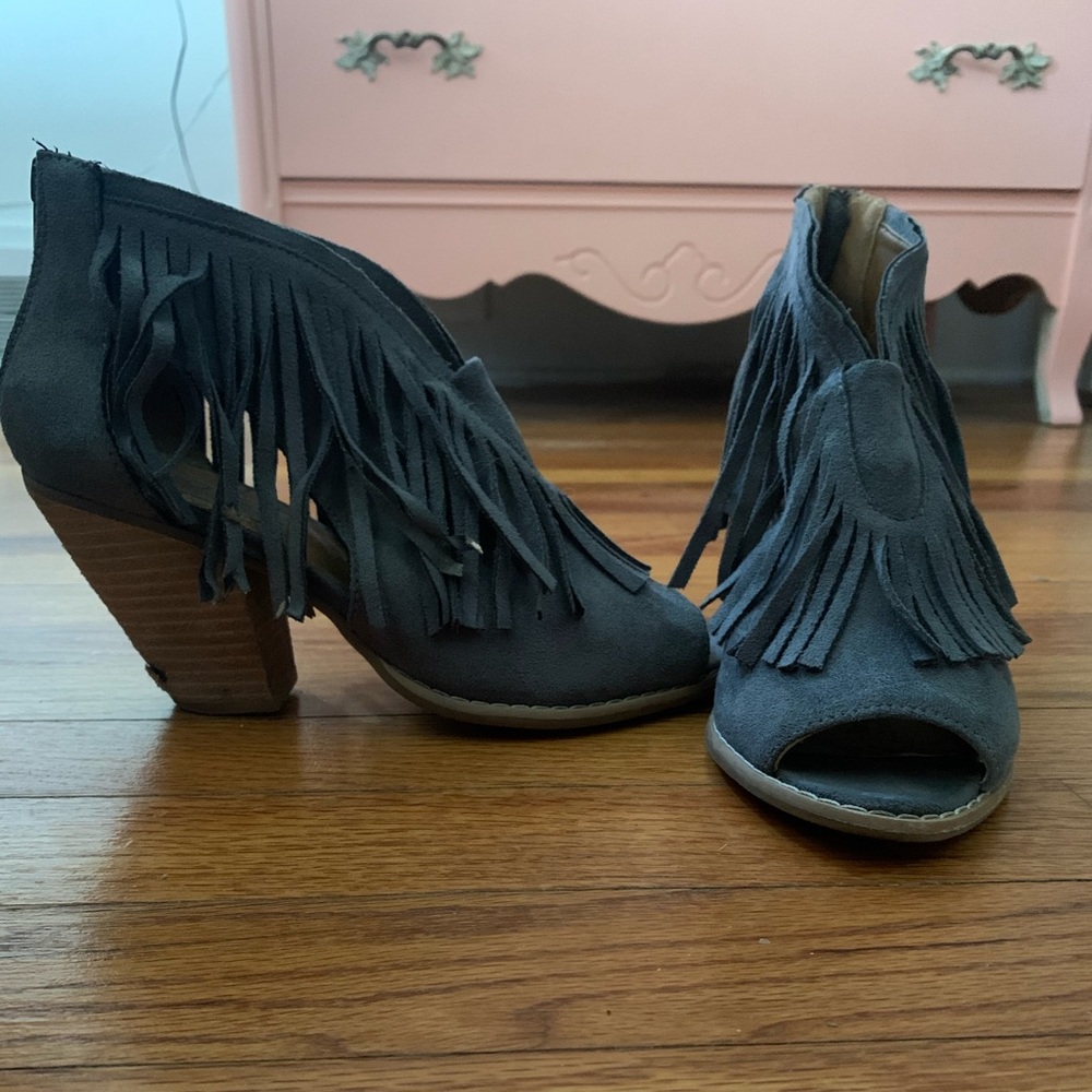Blue Fringe Block Heels